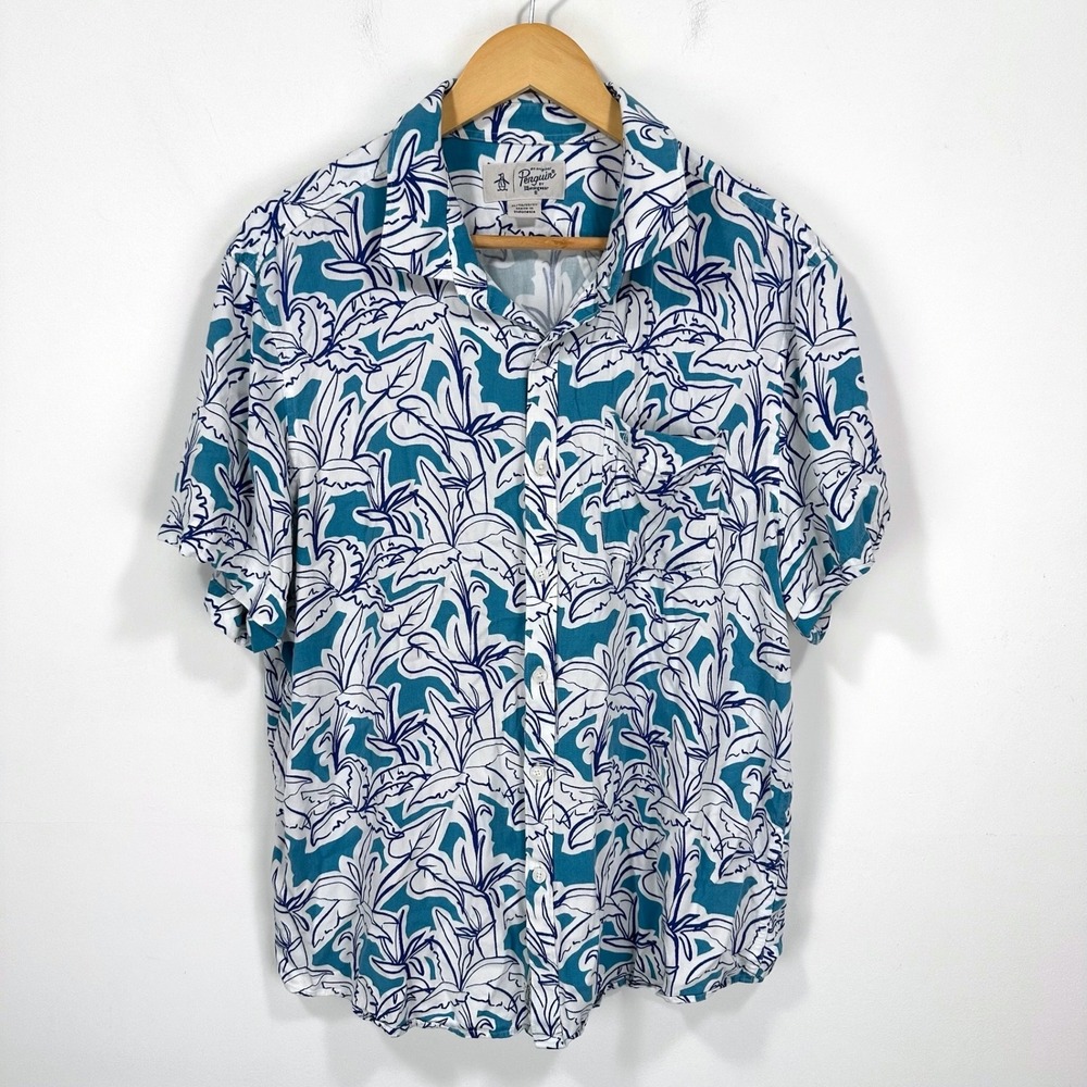 Penguin Button Down Shirt Mens XL Teal White Floral Viscose Hawaiian Beach